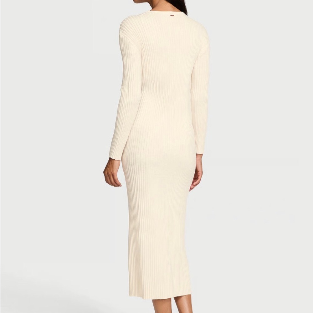Ribbed Button-Front Midi Sweater Dress in Cream - Picture 4 of 9
